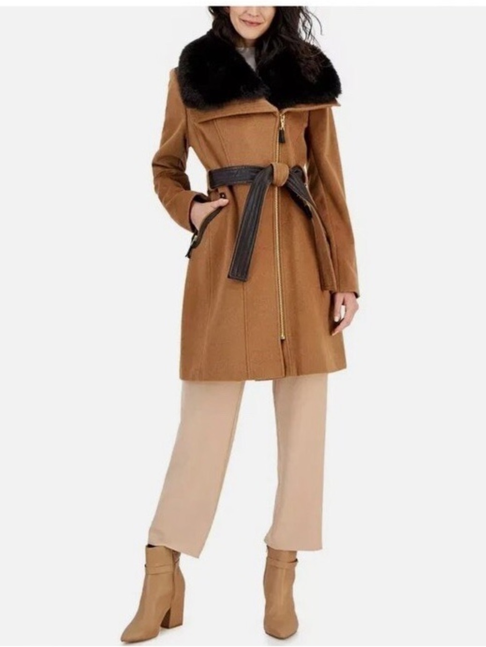 VIA SPIGA FAUX FUR WOOL COLLAR BELTED TRENCH COAT SZ 14